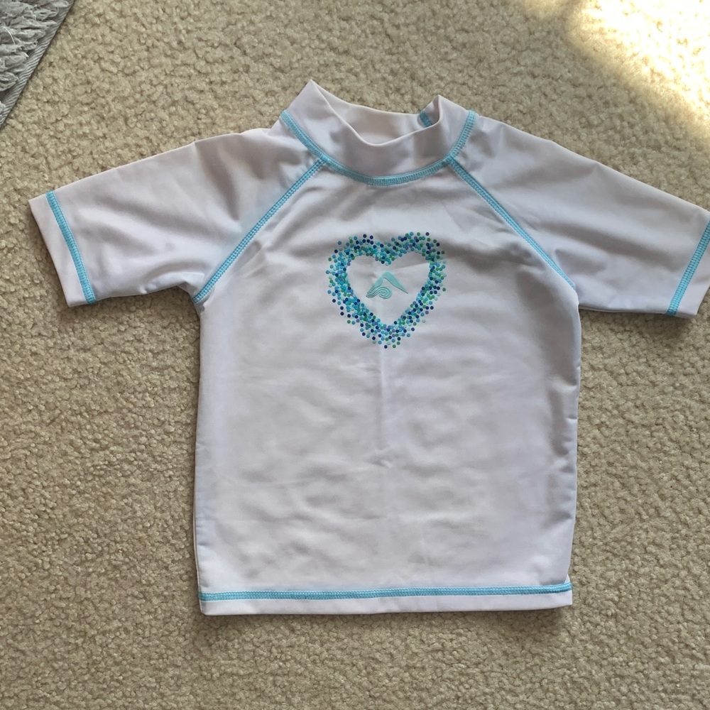 Kids White Rash Guard Swim Shirt with Aqua Heart Detail